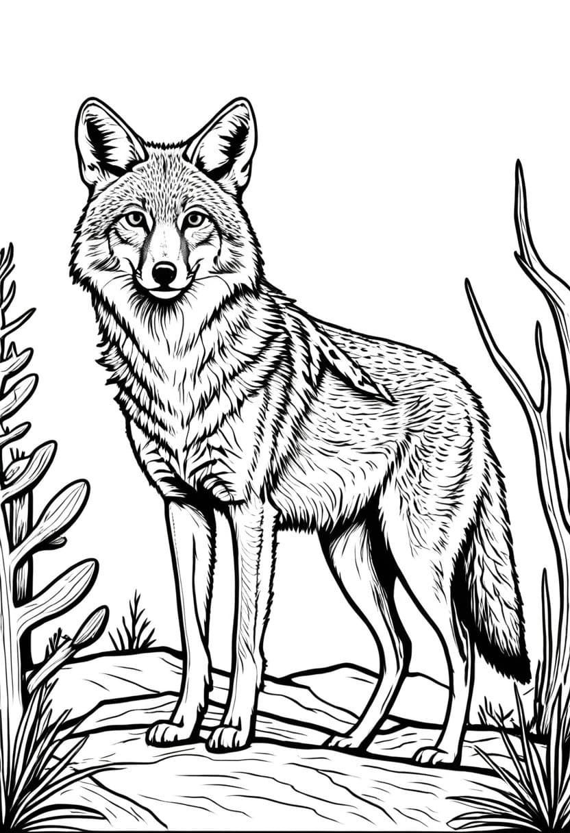 Coyotes Moment in the Desert — free printable coloring page to download and print