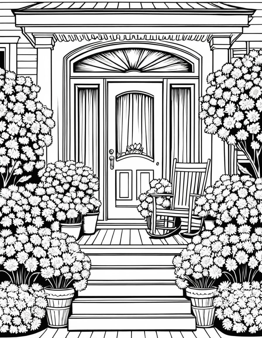 Cozy Fall Porch — free printable coloring page to download and print