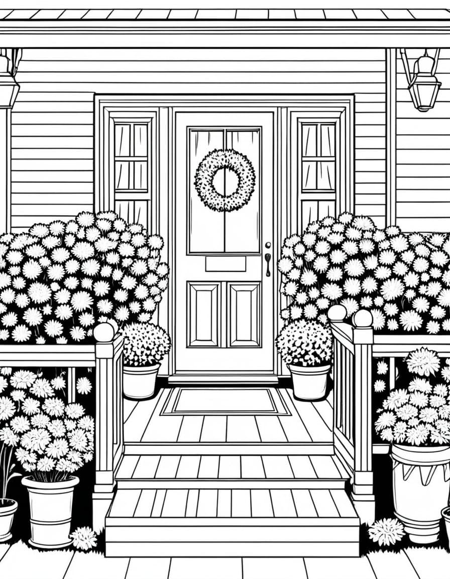 Cozy Fall Porch — free printable coloring page to download and print