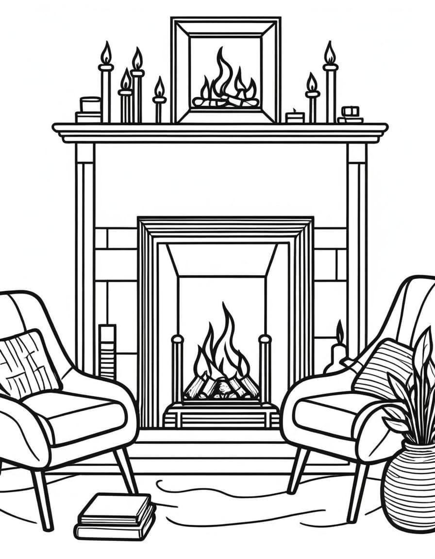 Cozy Fireplace Gathering — free printable coloring page to download and print