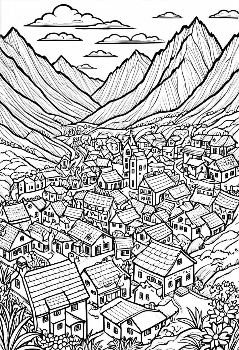 Cozy Mountain Town — free printable coloring page to download and print