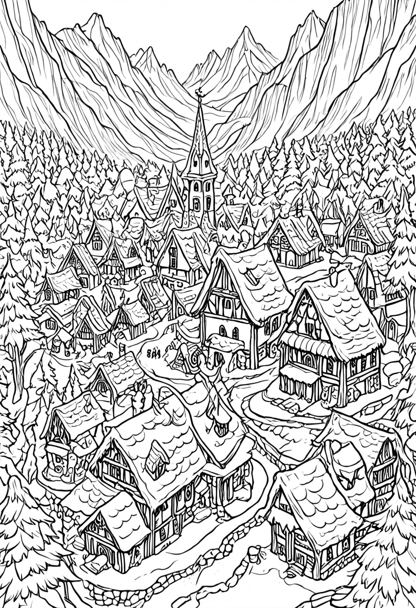 Cozy Mountain Village — free printable coloring page to download and print