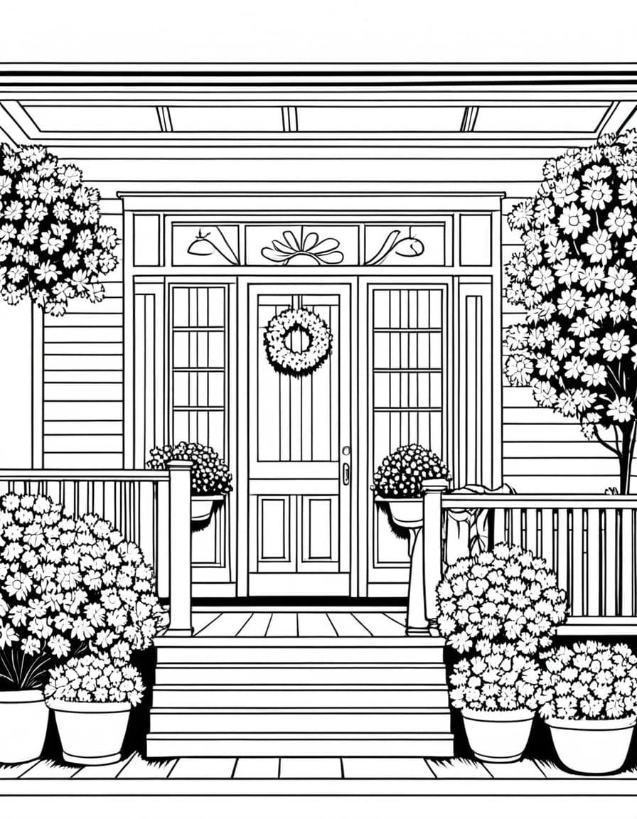 Cozy Porch for Fall Festivities — free printable coloring page to download and print