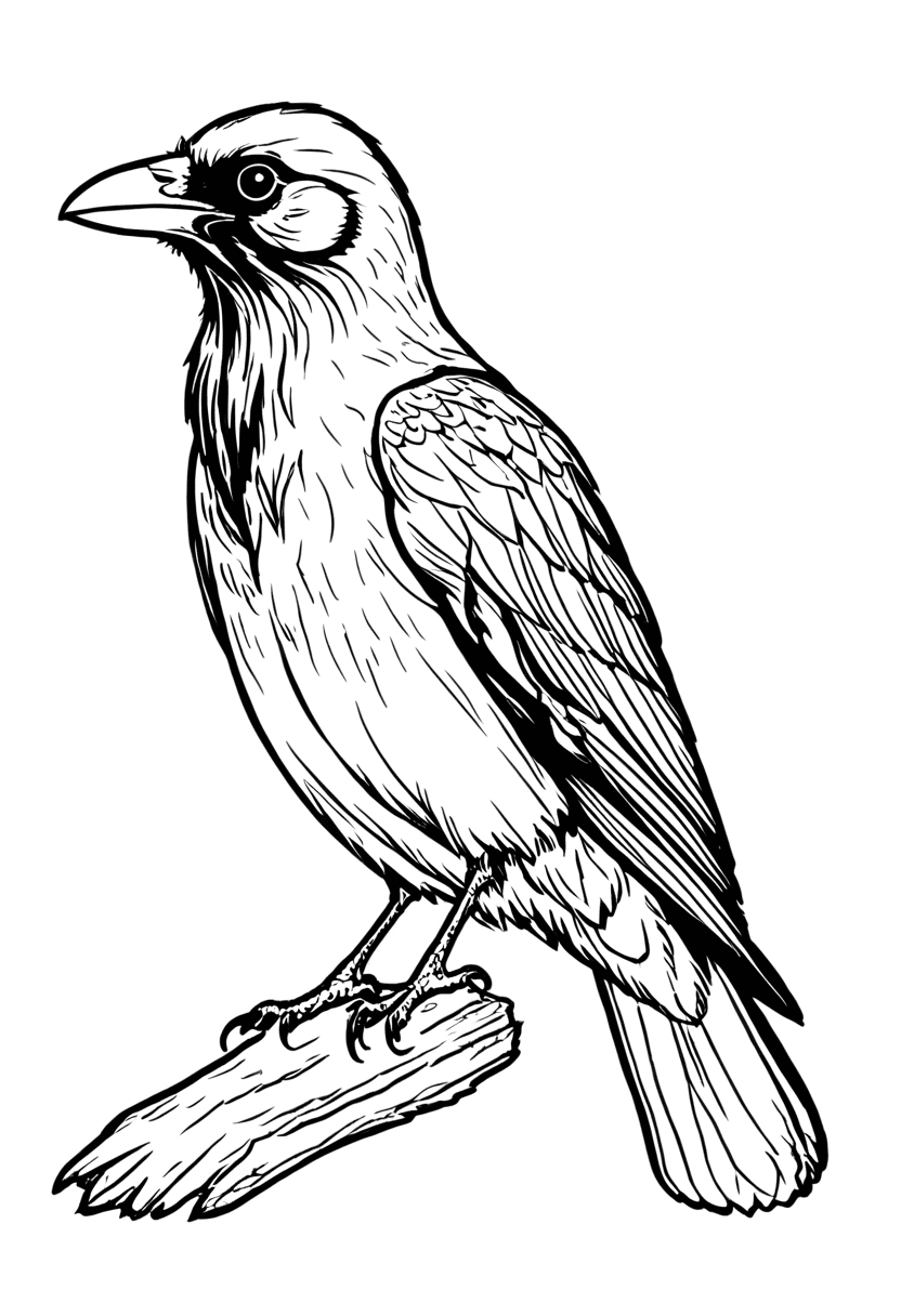 Crow Sitting on Log — free printable coloring page to download and print