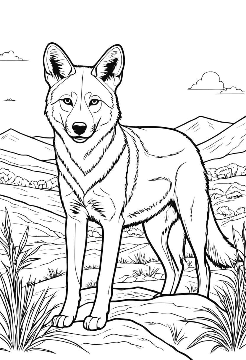 Cute Coyote in Nature — free printable coloring page to download and print