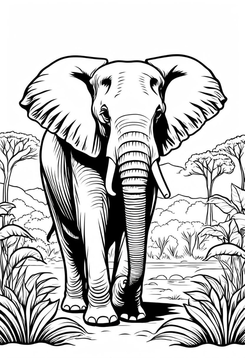 Cute Elephant Walking in the Jungle — free printable coloring page to download and print
