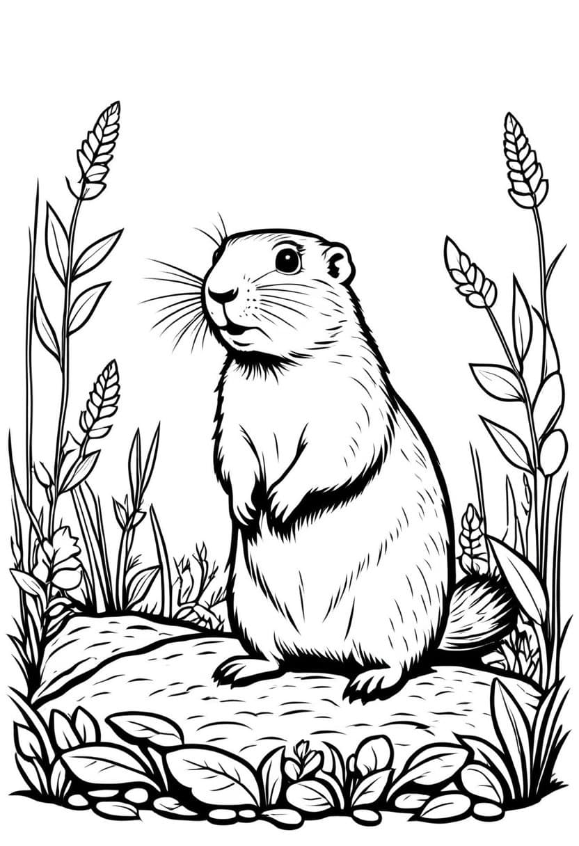 Cute Gopher in Field — free printable coloring page to download and print