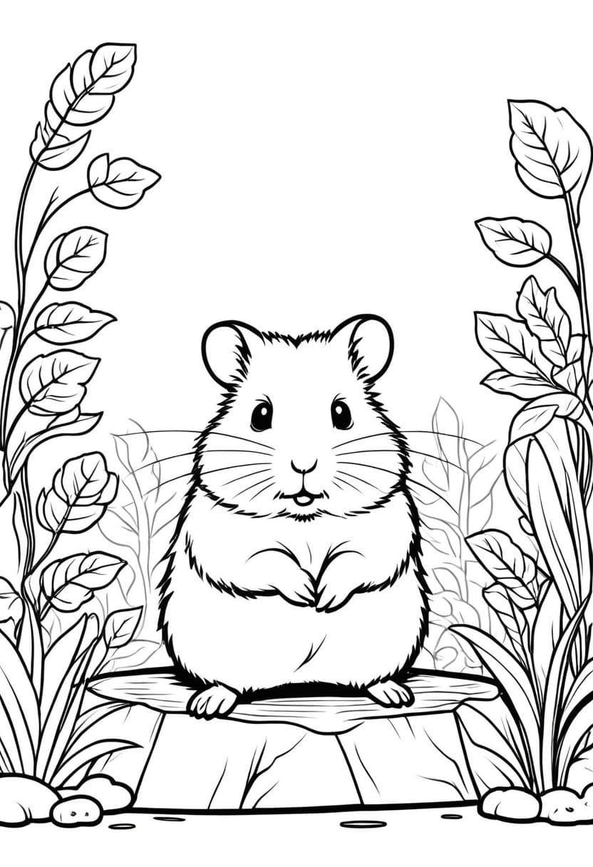 Cute Hamster in Garden — free printable coloring page to download and print