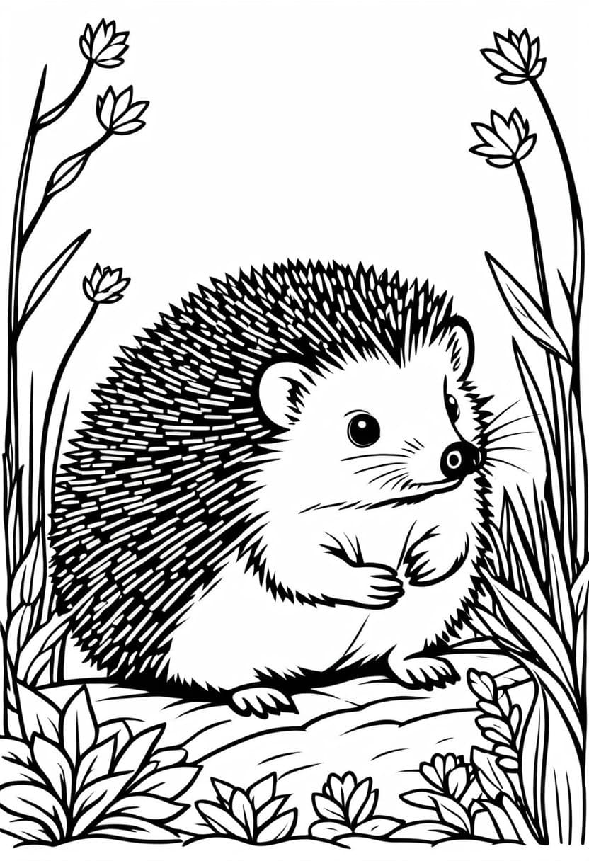 Cute Hedgehog in Nature — free printable coloring page to download and print