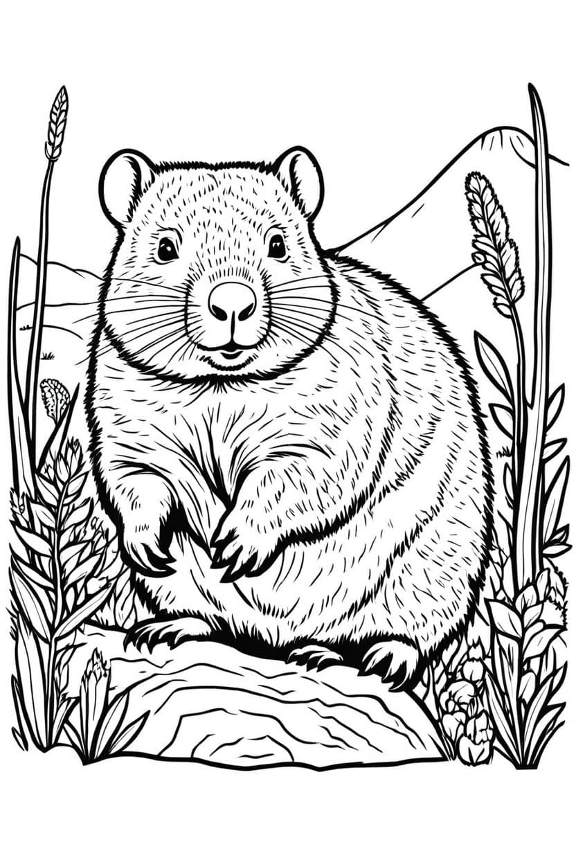 Cute Marmot in the Mountains — free printable coloring page to download and print