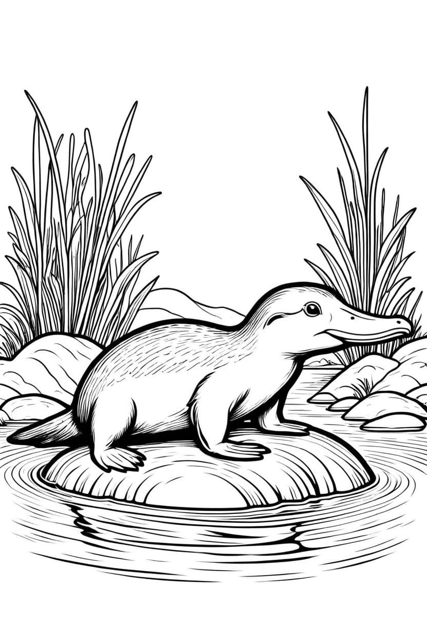 Cute Platypus in a River — free printable coloring page to download and print