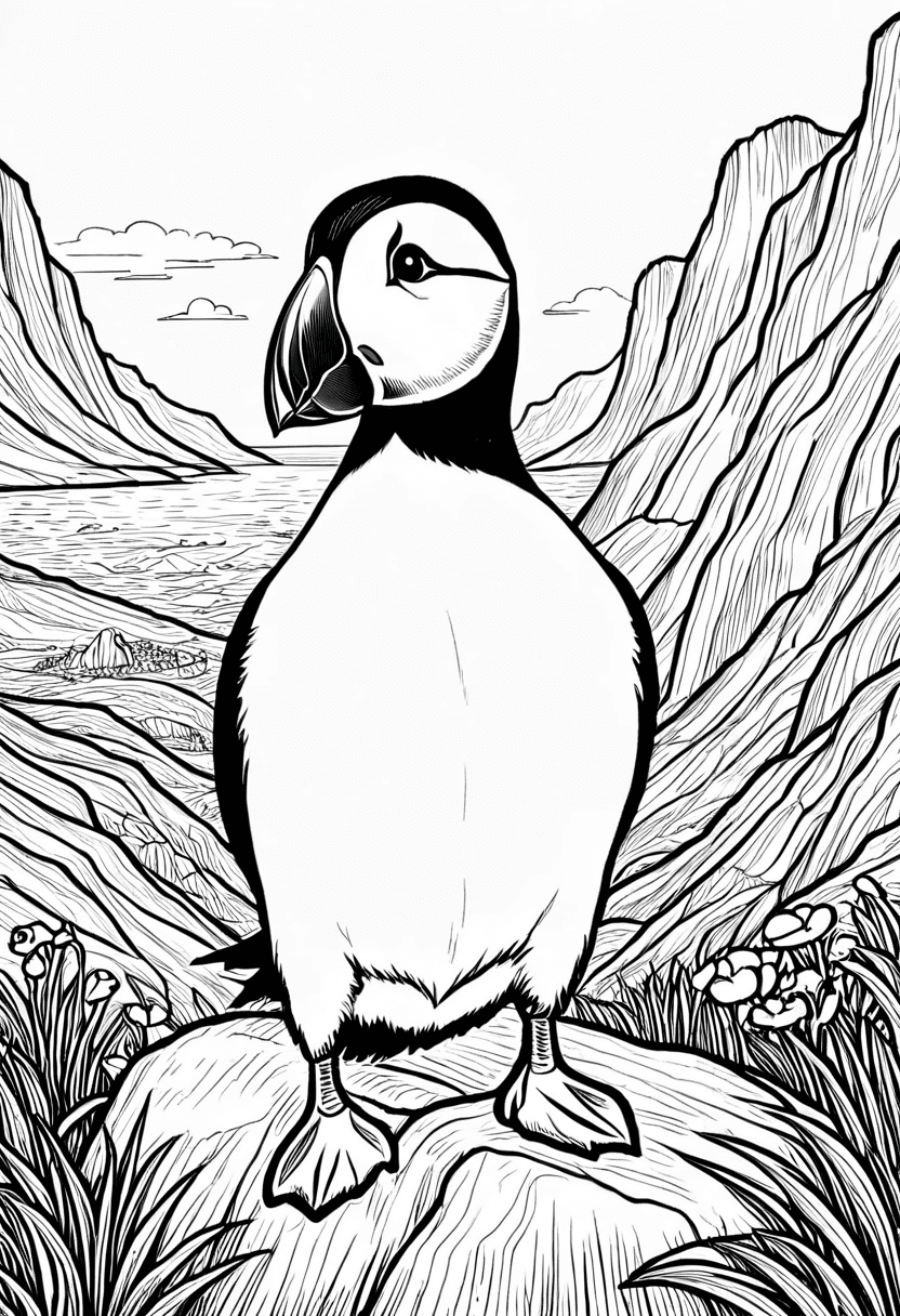 Cute Puffin in Nature — free printable coloring page to download and print