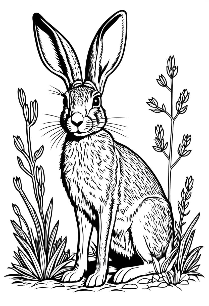 Cute Rabbit in Field — free printable coloring page to download and print