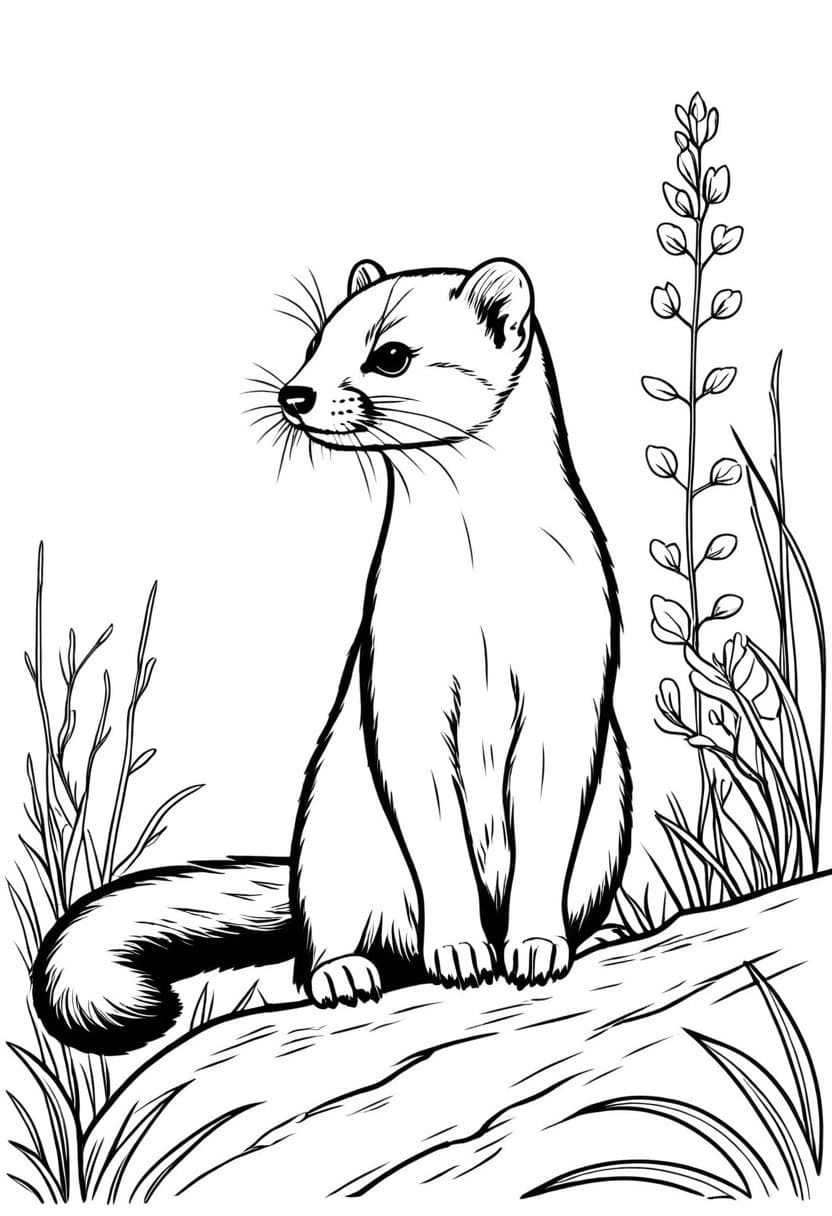 Cute Stoat in Nature — free printable coloring page to download and print