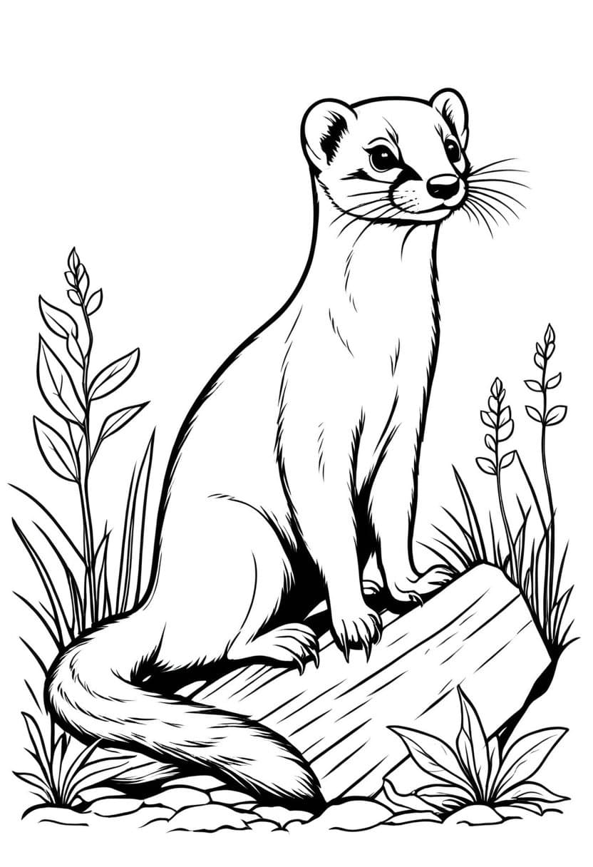 Cute Weasel in Grassland — free printable coloring page to download and print
