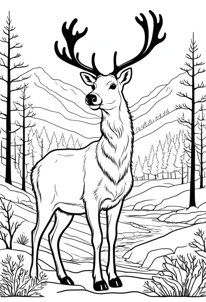 Deer in Winter Landscape — free printable coloring page to download and print