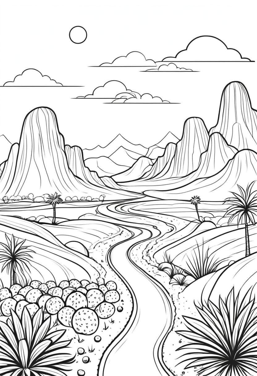 Desert Oasis Adventure — free printable coloring page to download and print