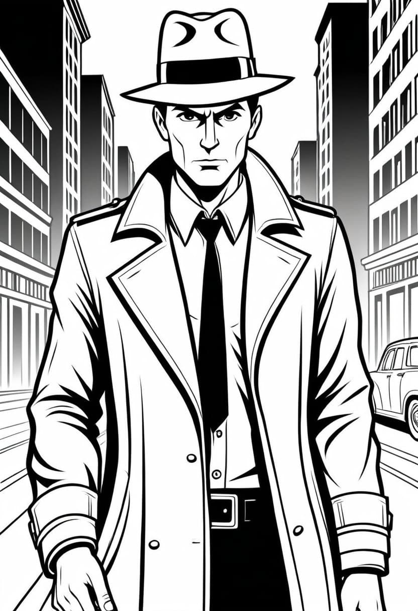 Detective Cityscape Stroll — free printable coloring page to download and print