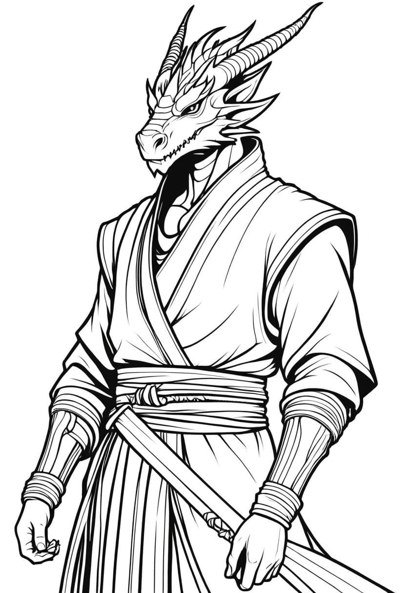 Dragon Monk Warrior — free printable coloring page to download and print