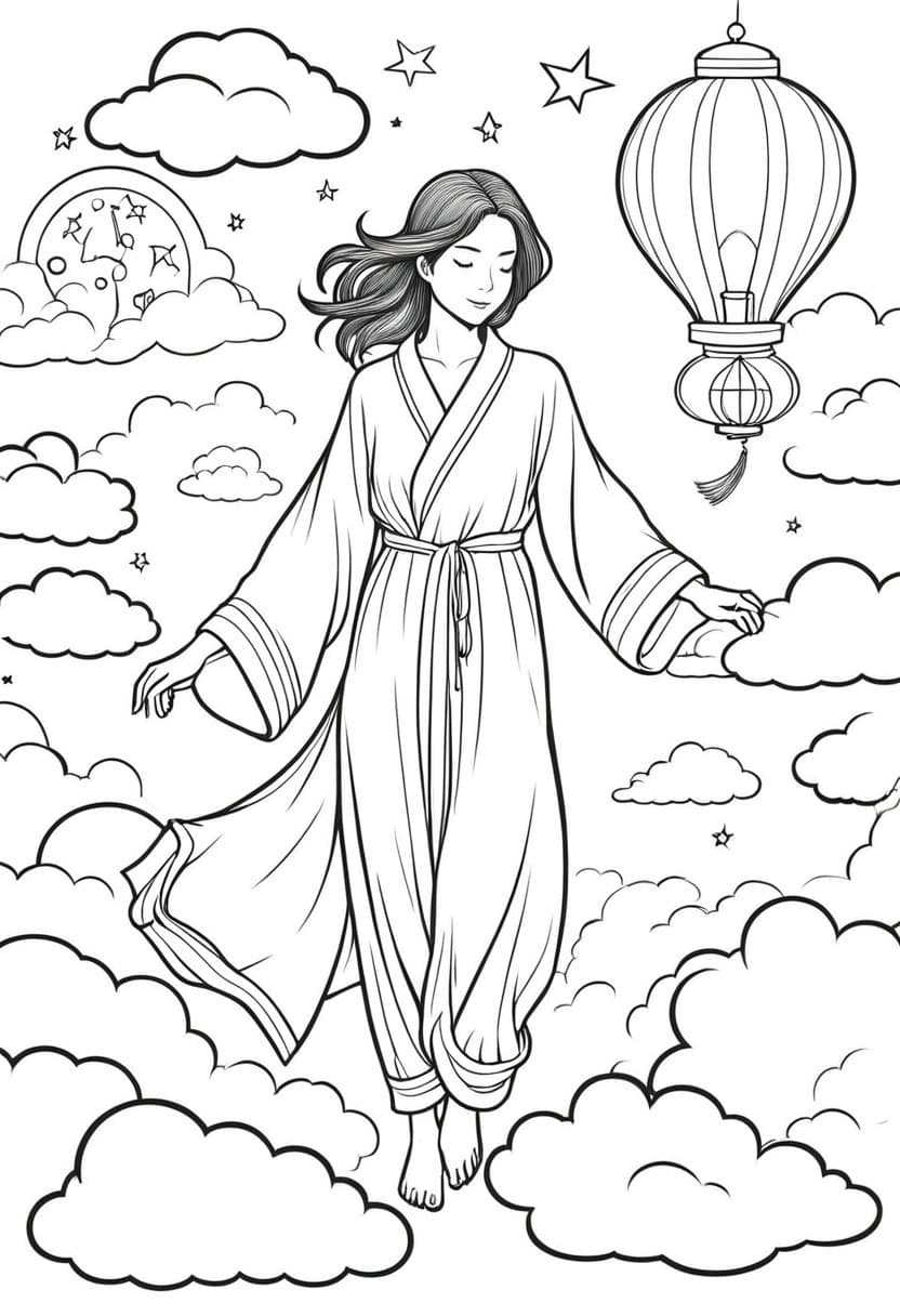 Dream Walking Cloud Journey — free printable coloring page to download and print