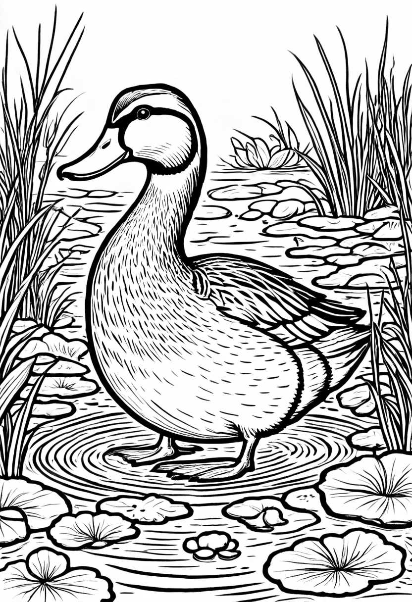Duck in Pond — free printable coloring page to download and print