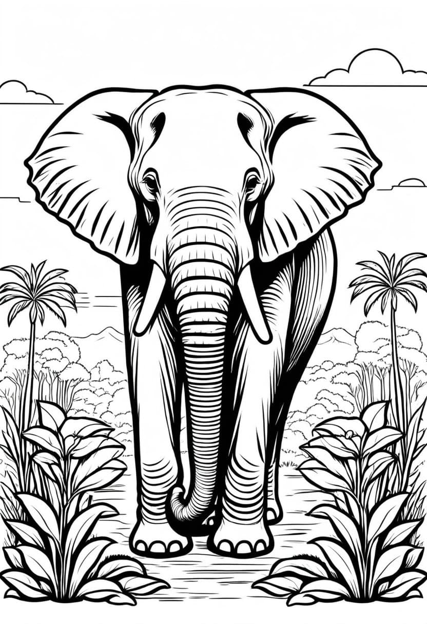 Elephant Adventure — free printable coloring page to download and print