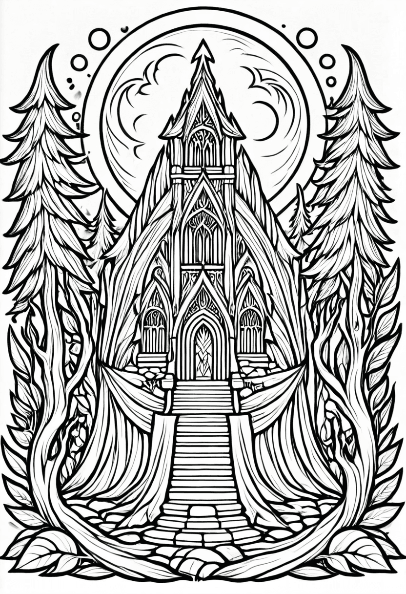 Enchanted Church at Dusk — free printable coloring page to download and print
