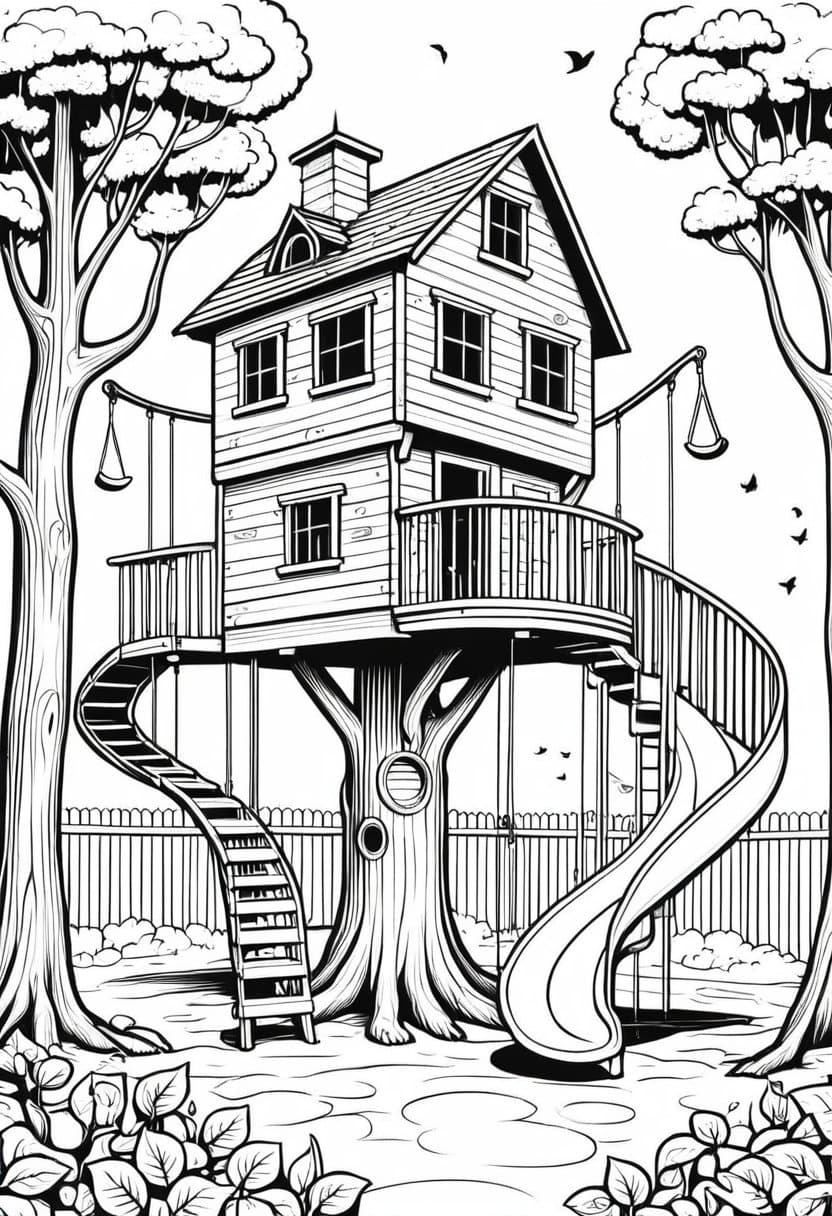 Enchanted Treehouse Adventure — free printable coloring page to download and print