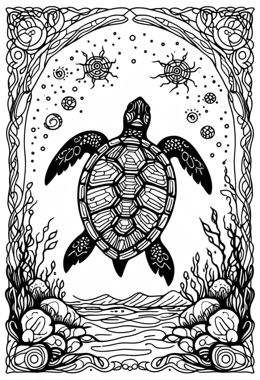 Enchanted Turtles Mystic Journey — free printable coloring page to download and print