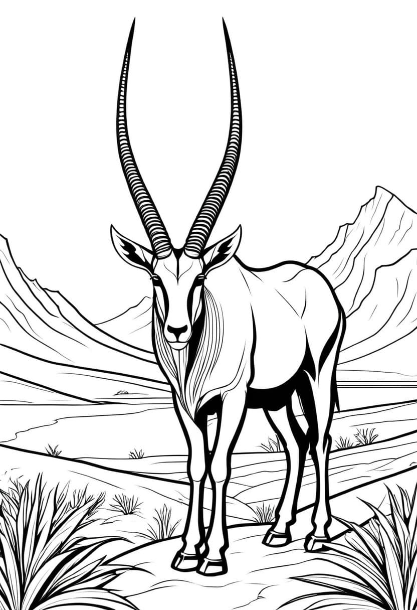 Exotic African Oryx in Desert — free printable coloring page to download and print