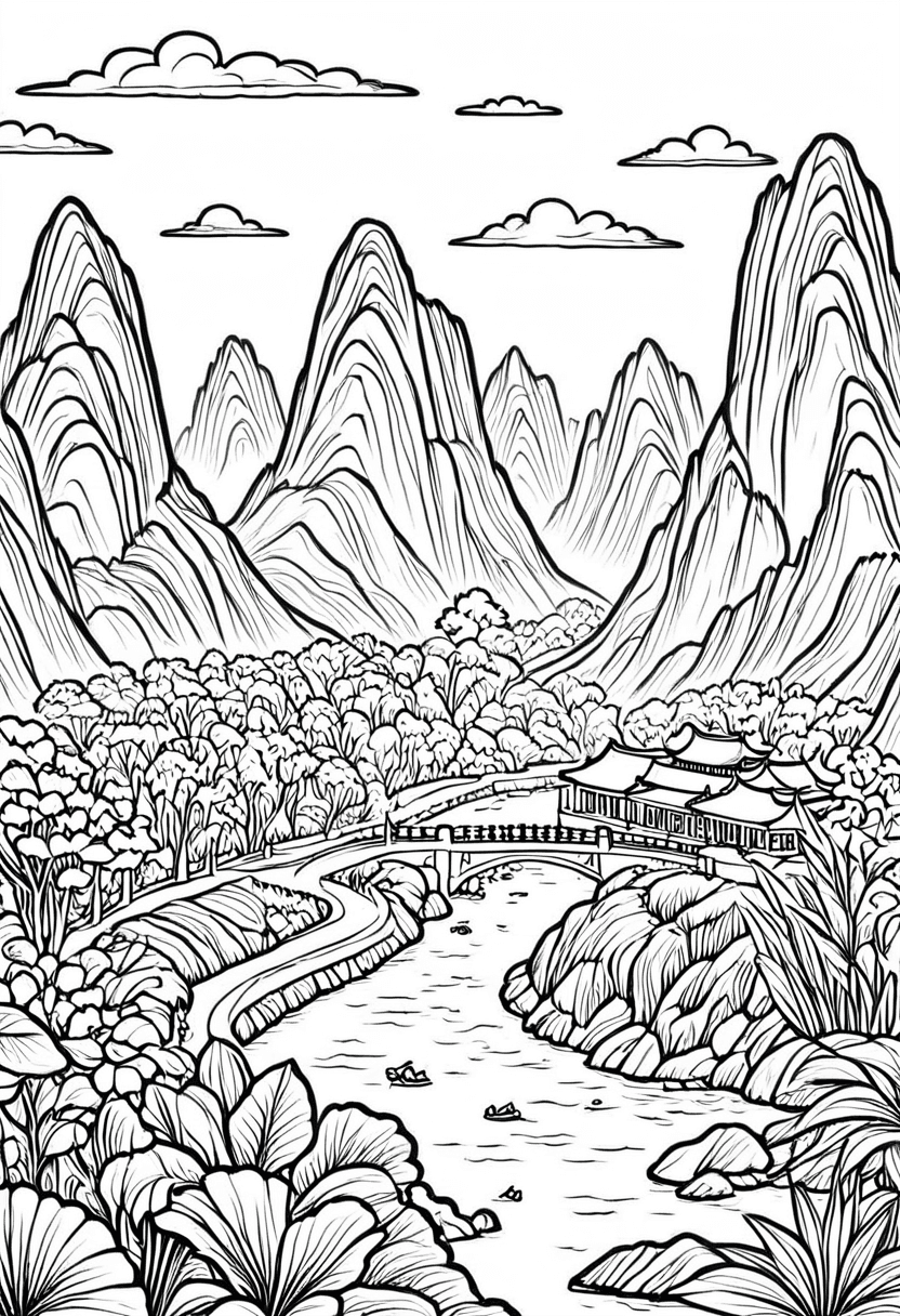 Exotic Mountain Journey — free printable coloring page to download and print