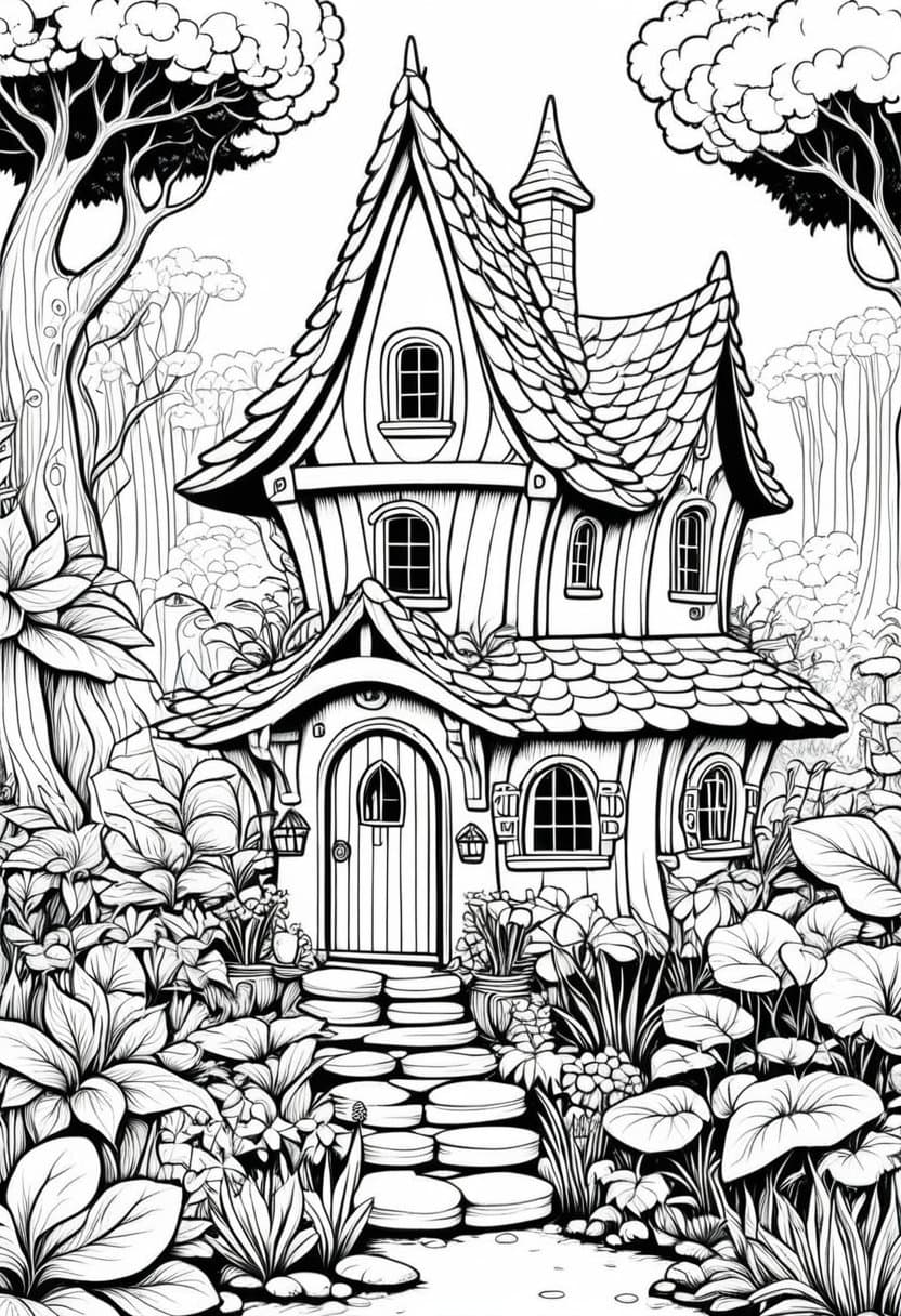 Fairy Cottage — free printable coloring page to download and print