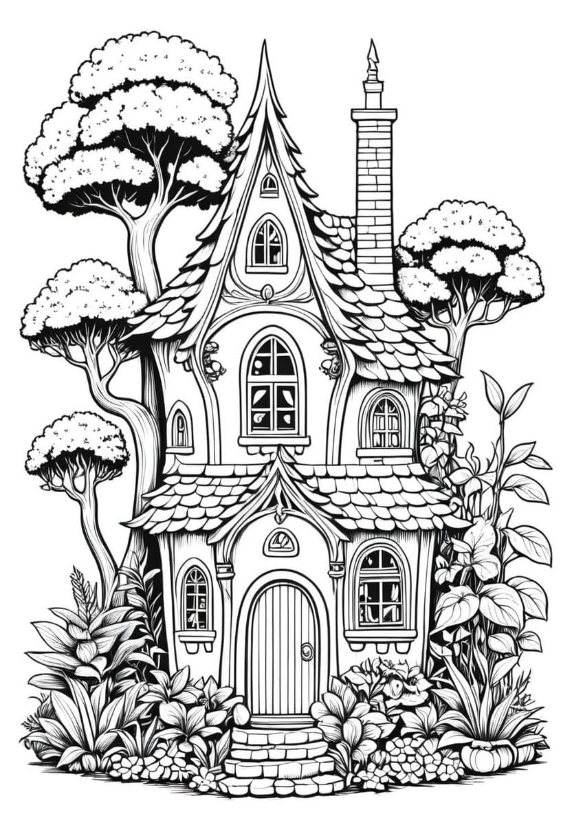 Fairy Cottage — free printable coloring page to download and print