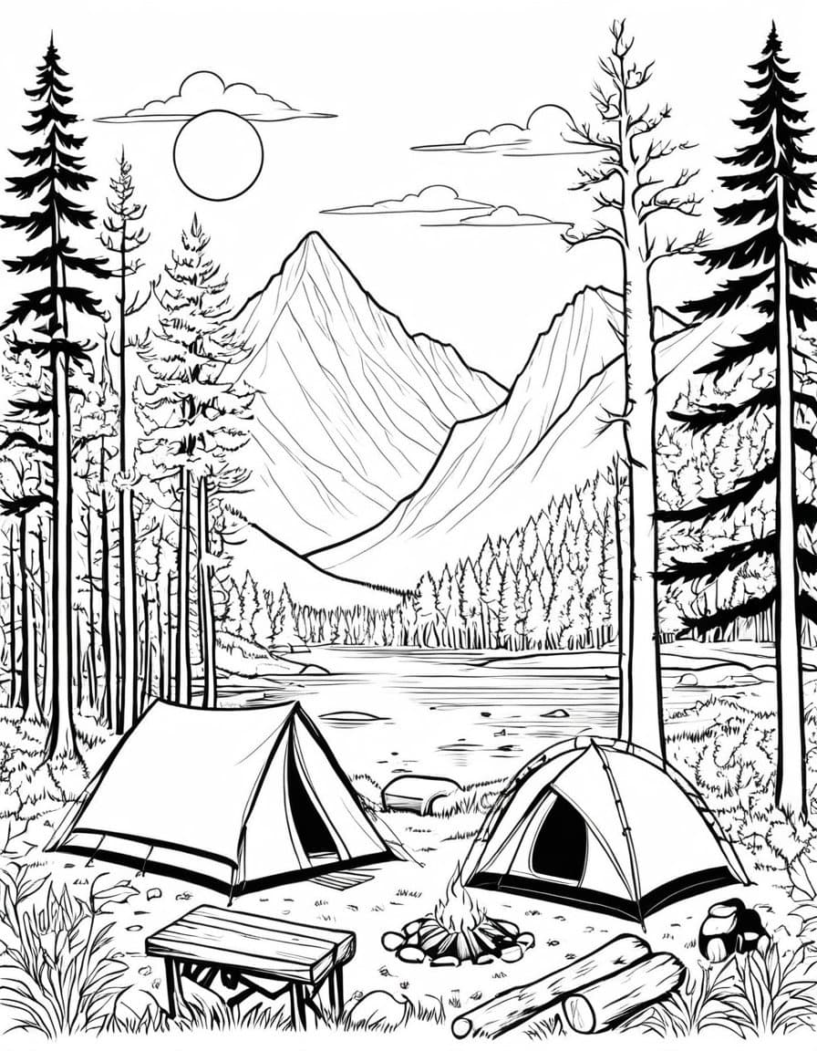 Fall Camping Adventure — free printable coloring page to download and print