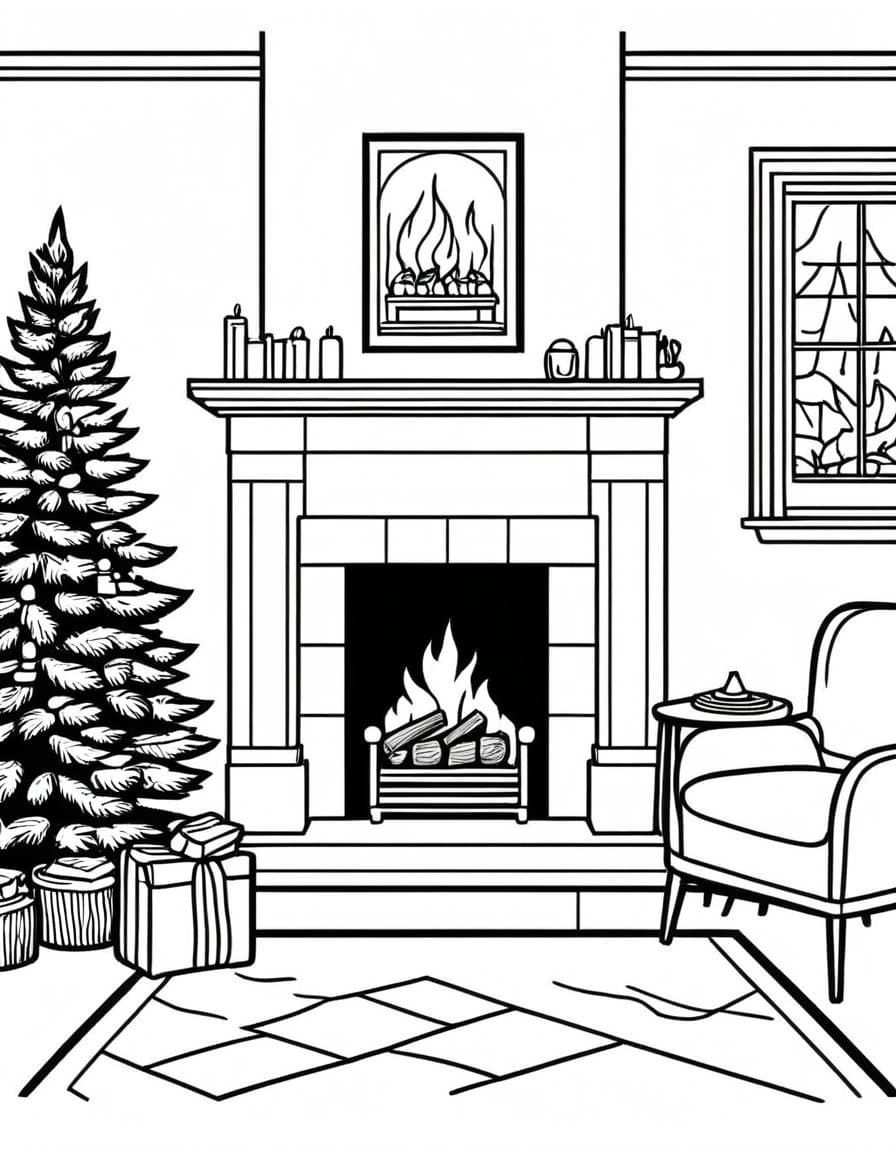 Fall Fireplace Gathering — free printable coloring page to download and print