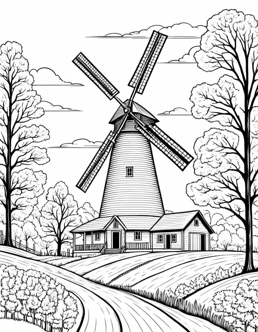 Fall Windmill Farm Scene — free printable coloring page to download and print