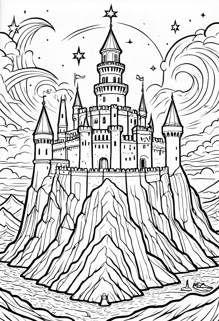 Fantasy Castle on Cliff — free printable coloring page to download and print