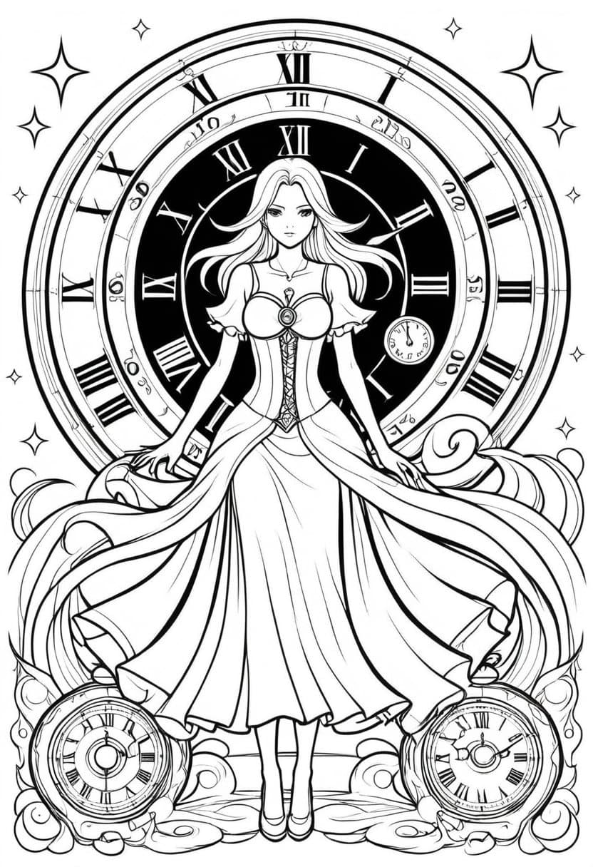 Fantasy Witch Clock Art — free printable coloring page to download and print