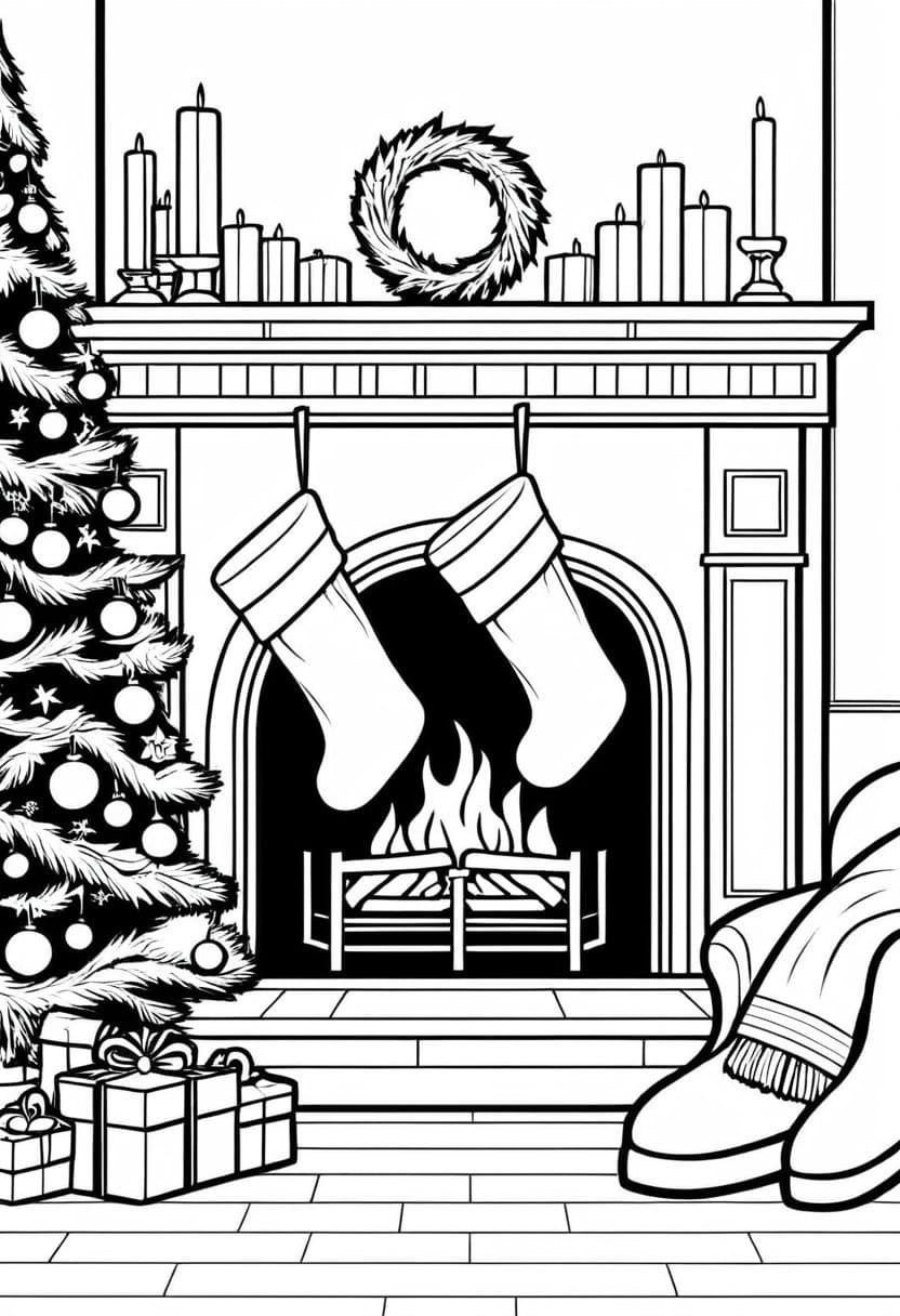 Fireplace Festive — free printable coloring page to download and print