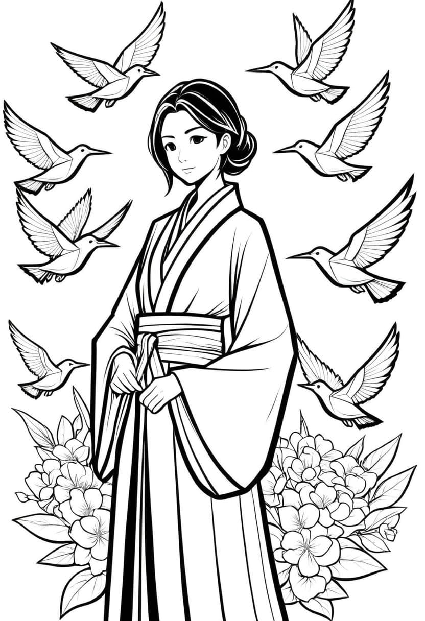 Floating Origami Lady — free printable coloring page to download and print