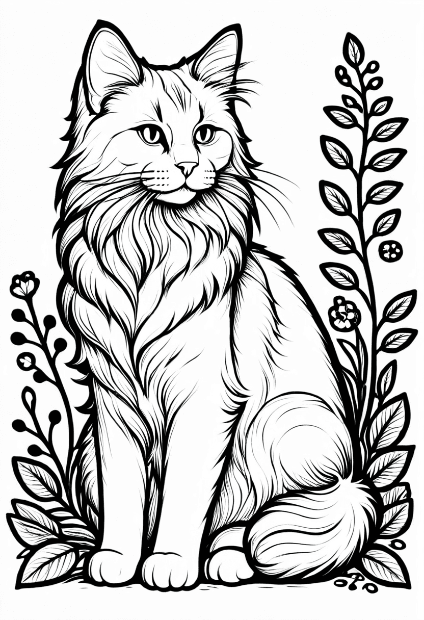 Fluffy Feline Feature — free printable coloring page to download and print