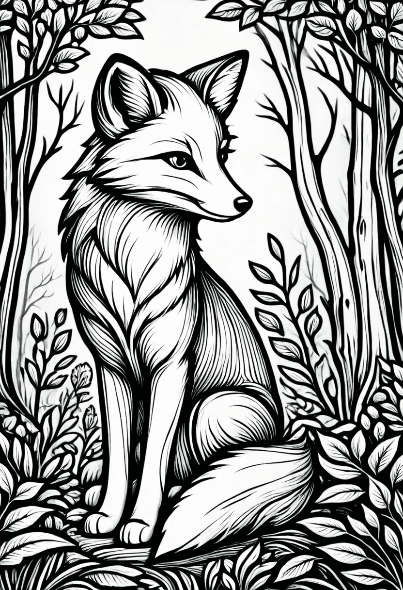 Fox in Forest — free printable coloring page to download and print