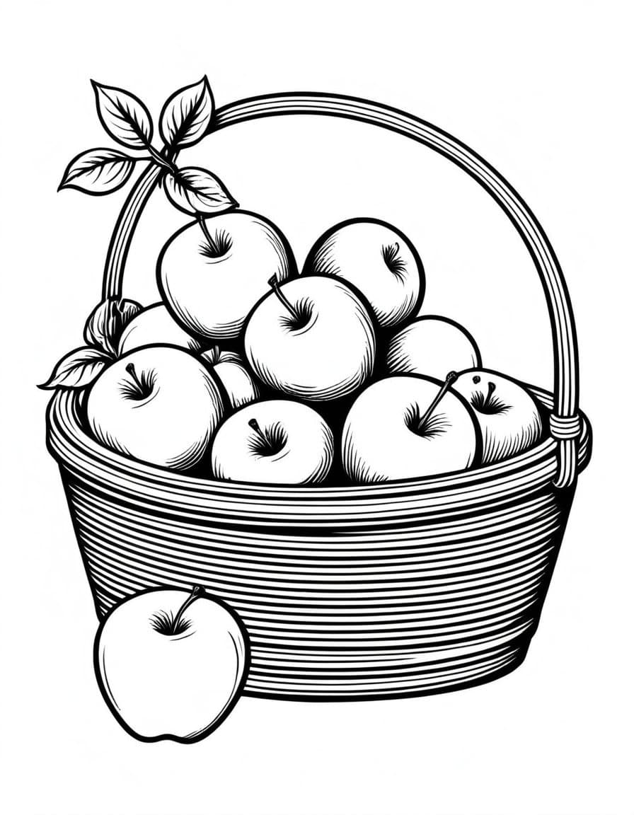 Fresh Harvest Basket Apples — free printable coloring page to download and print