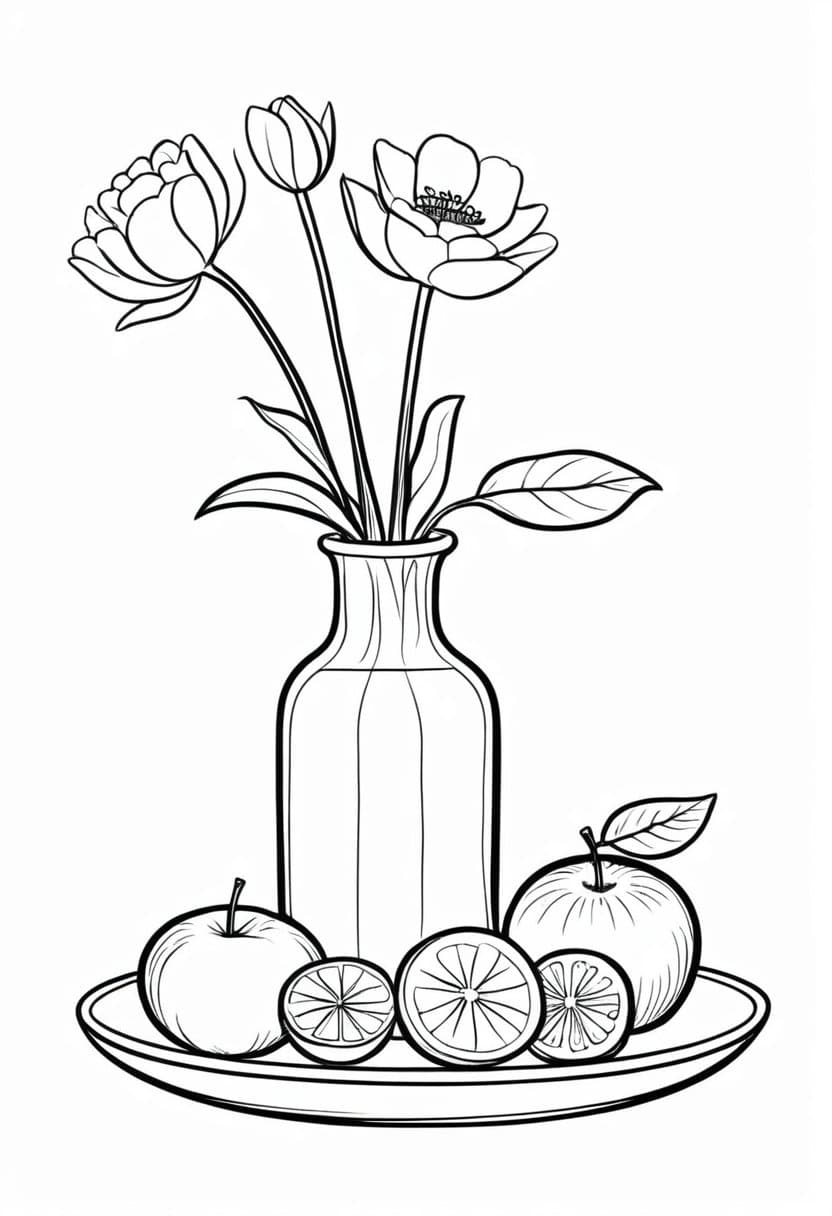 Fruit and Flowers — free printable coloring page to download and print