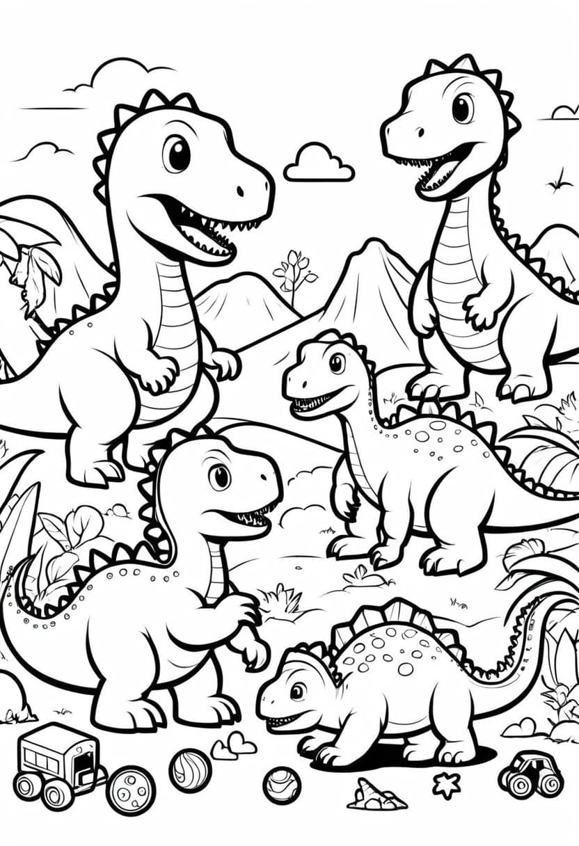 Fun Dinosaur Playtime — free printable coloring page to download and print