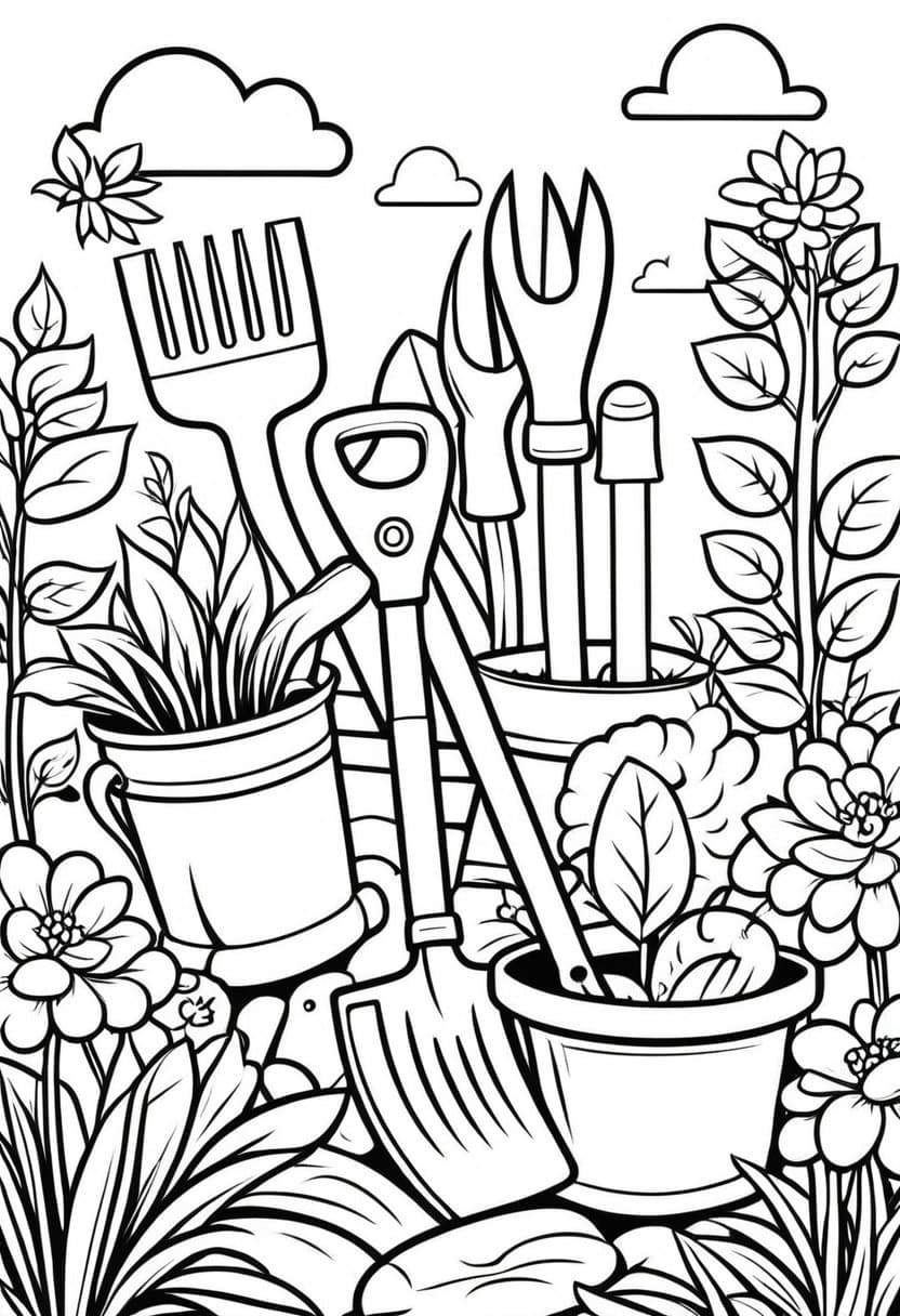 Garden Tool Set — free printable coloring page to download and print