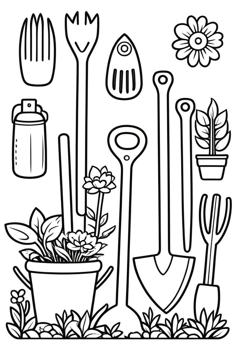 Garden Tools Collection — free printable coloring page to download and print