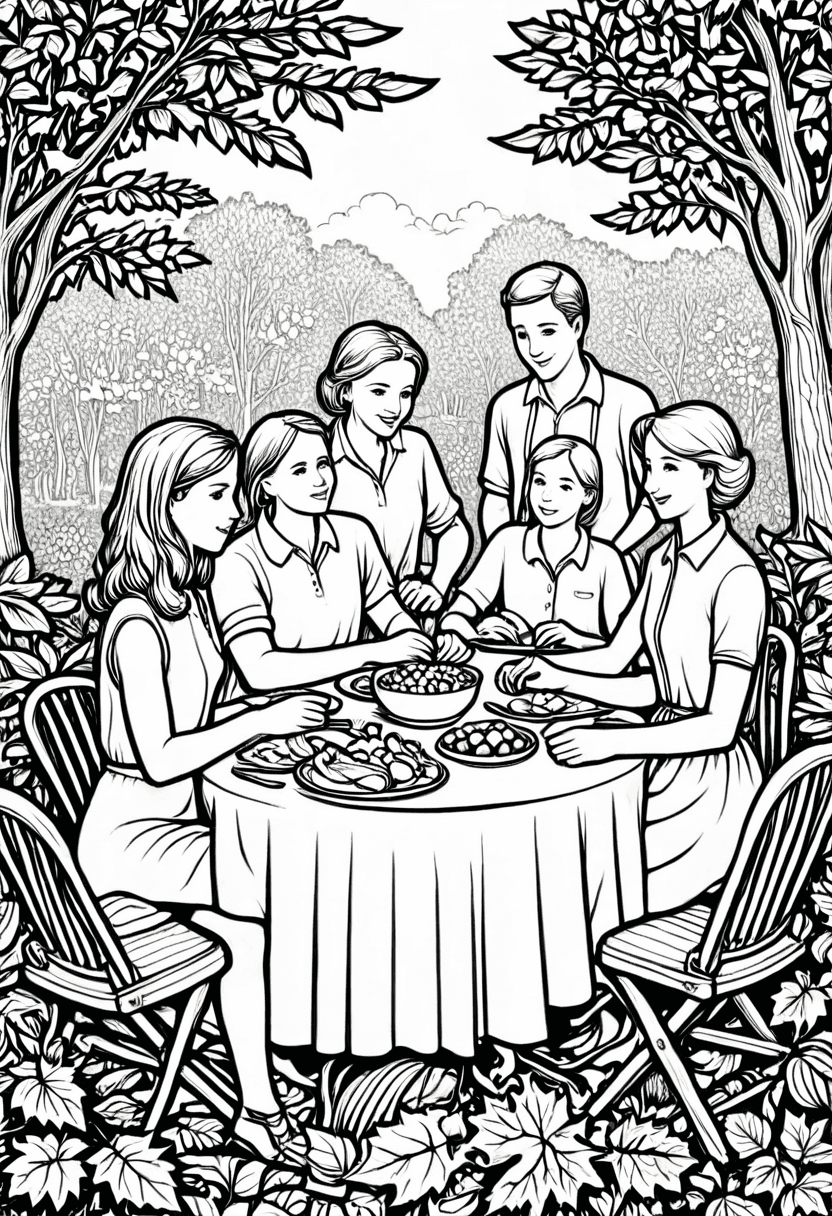 Gathered at the Picnic — free printable coloring page to download and print