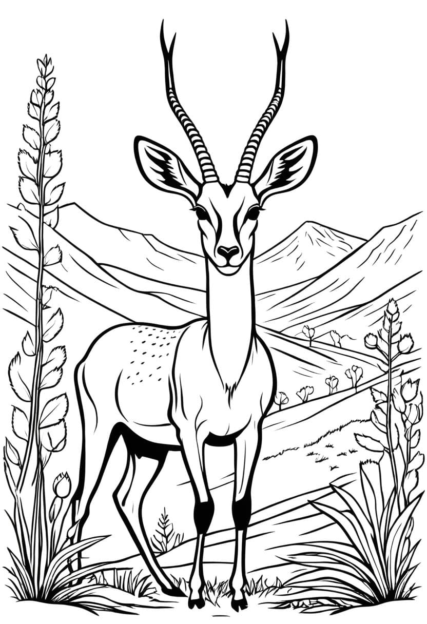 Gazelle in Mountain Landscape — free printable coloring page to download and print