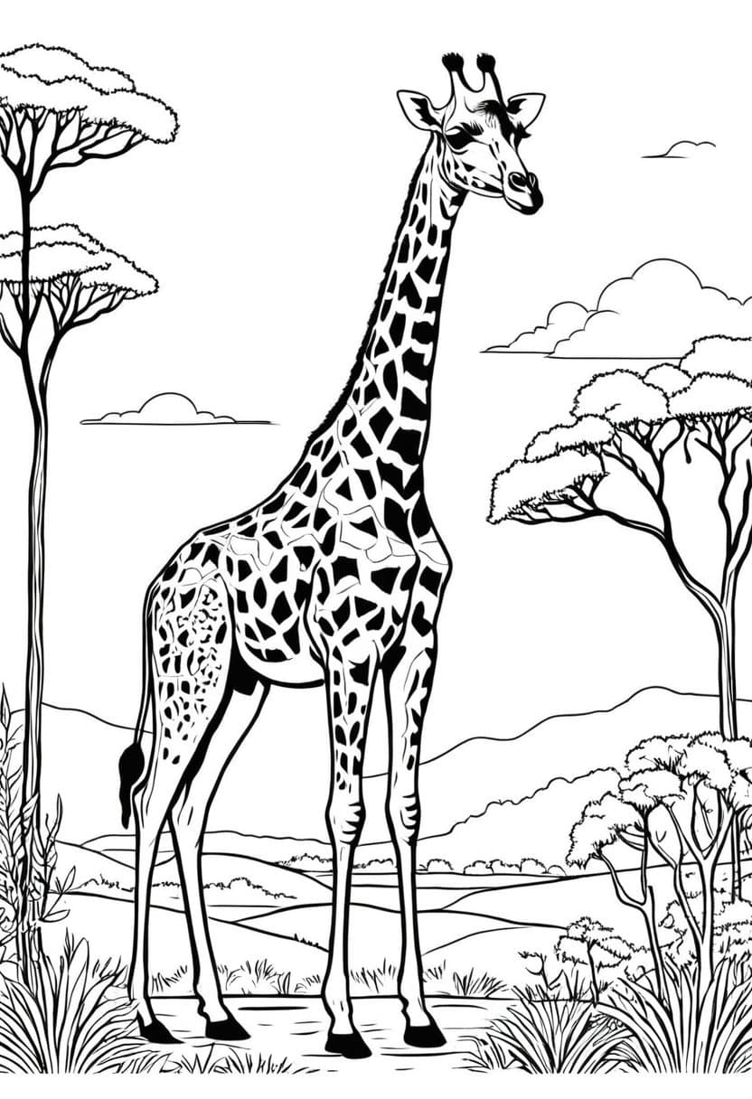 Giraffe in Nature — free printable coloring page to download and print